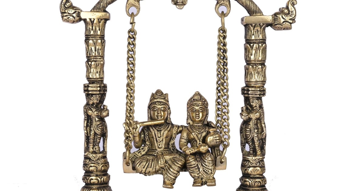 "Beautiful Brass Lord Radha Krishna Jhula Statue Handcraft Prajjwal